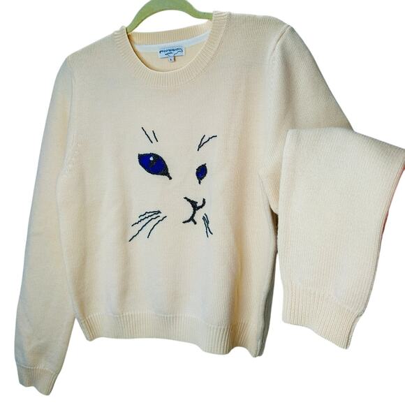 Opening Ceremony Butter Cream Crew Neck Cat Motif Sweater L - Picture 1 of 13
